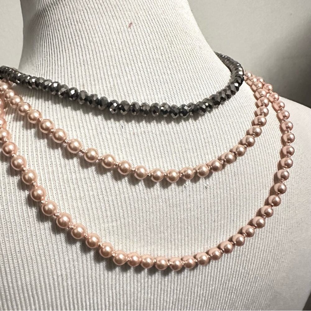 Faux pearl long color block wrap necklace pink gunmetal gray